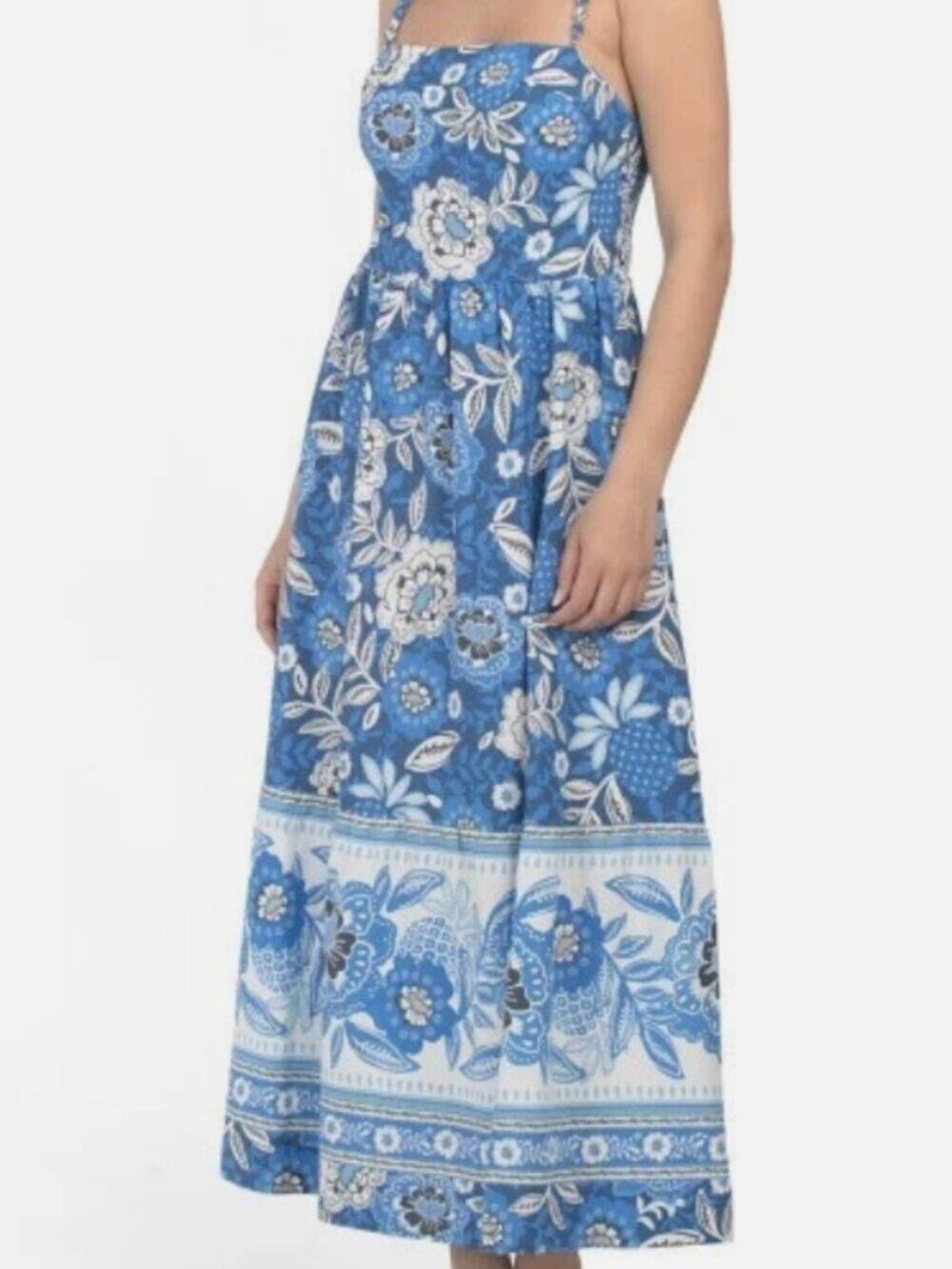 Rachel Zoe Blue White Floral Linen Blend Midi Sundress Braided Straps -NWT